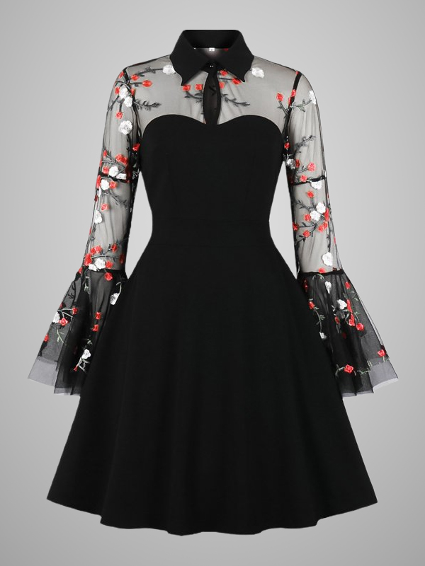Gothic Dark Vintage Floral Embroidered Cutout Polo Collar Paneled Dress