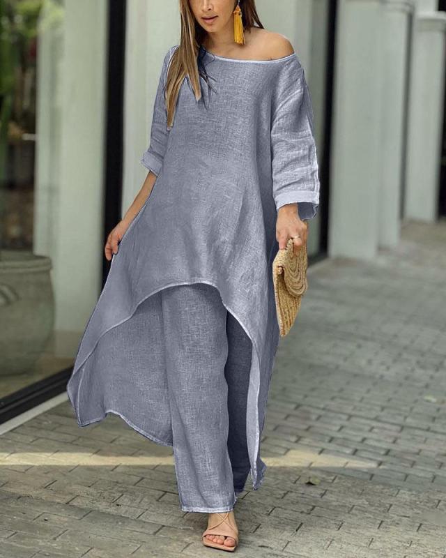 Minimalist cotton and linen solid color casual irregular hem long sleeve two-piece suit