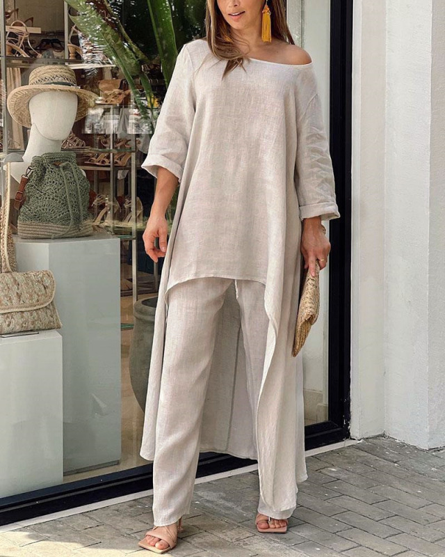 Minimalist cotton and linen solid color casual irregular hem long sleeve two-piece suit