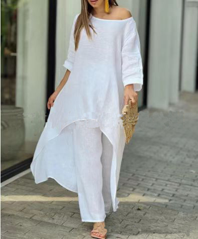 Minimalist cotton and linen solid color casual irregular hem long sleeve two-piece suit