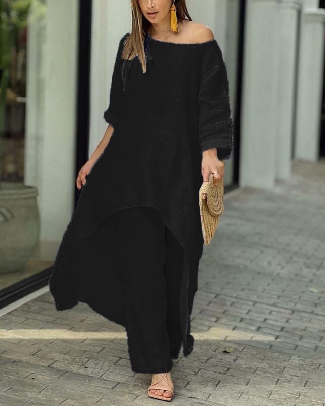 Minimalist cotton and linen solid color casual irregular hem long sleeve two-piece suit