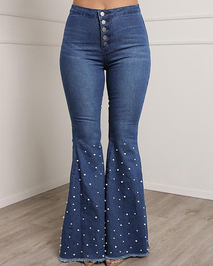 🔥Buy 2 Free Shipping🔥Pearl Decor Button Front High Waist Flare Jeans