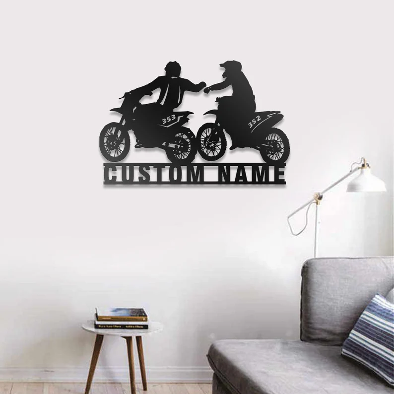 Custom Couple Biker Metal Wall Art -Personalized Dirt Bike Name Sign Decoration, Motorcycle Home Decor Motocross Rider