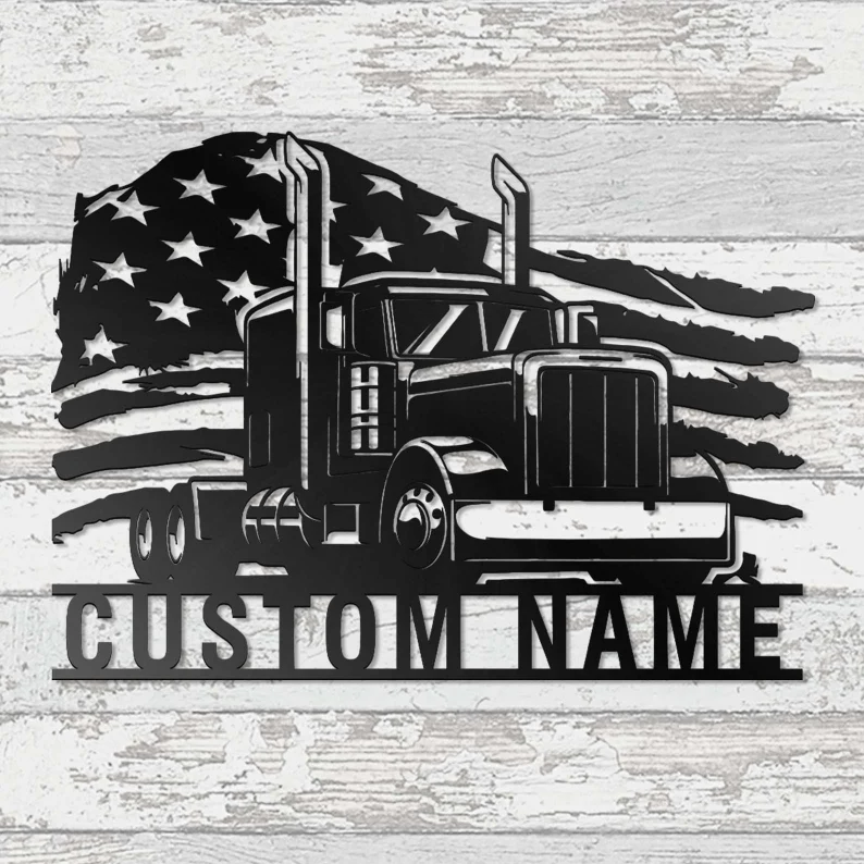 Custom US Truck Driver Metal Wall Art ,Personalized Trucker Name Sign Decoration,Semi Truck USA Flag Decor-Father’s Day Gifts