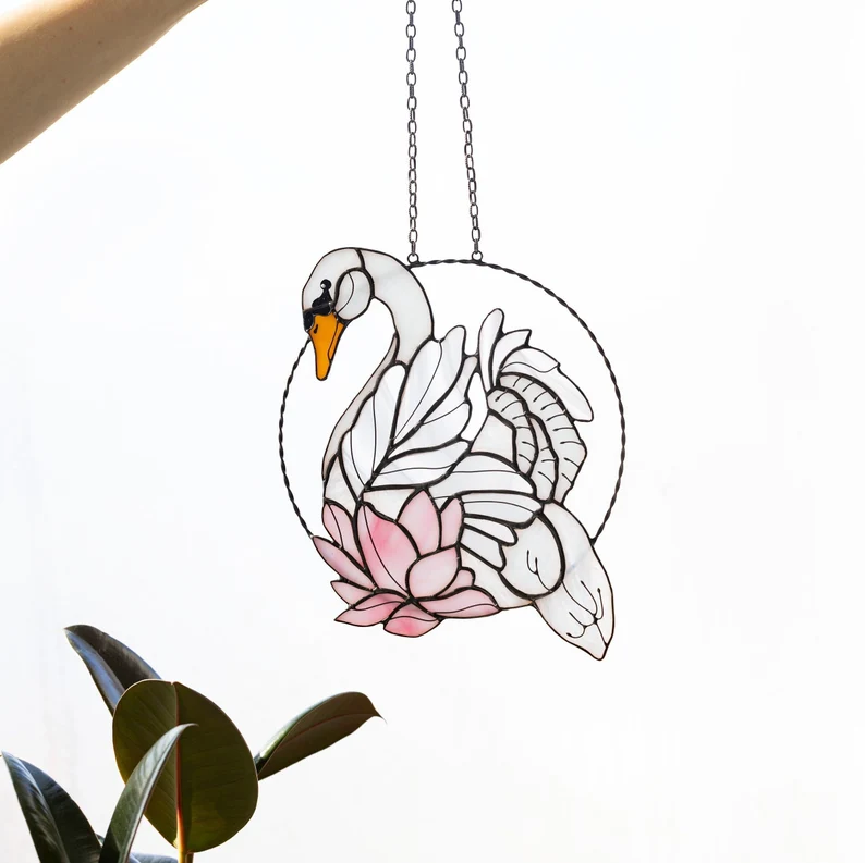 White Suncatcher Swan Stained Glass Picture Home House Decor Bird Window Wall Hanging