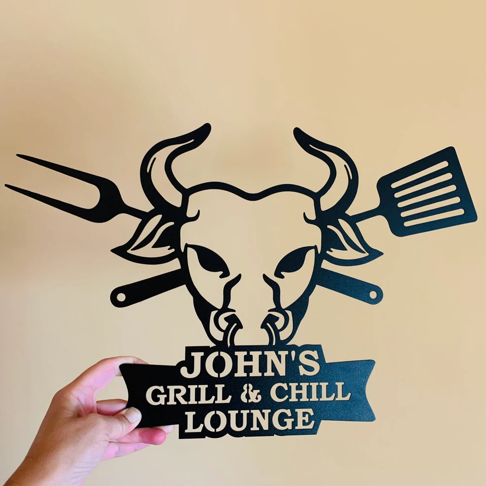 Personalized Metal BBQ Sign for Porch Grill & Chill Lounge 