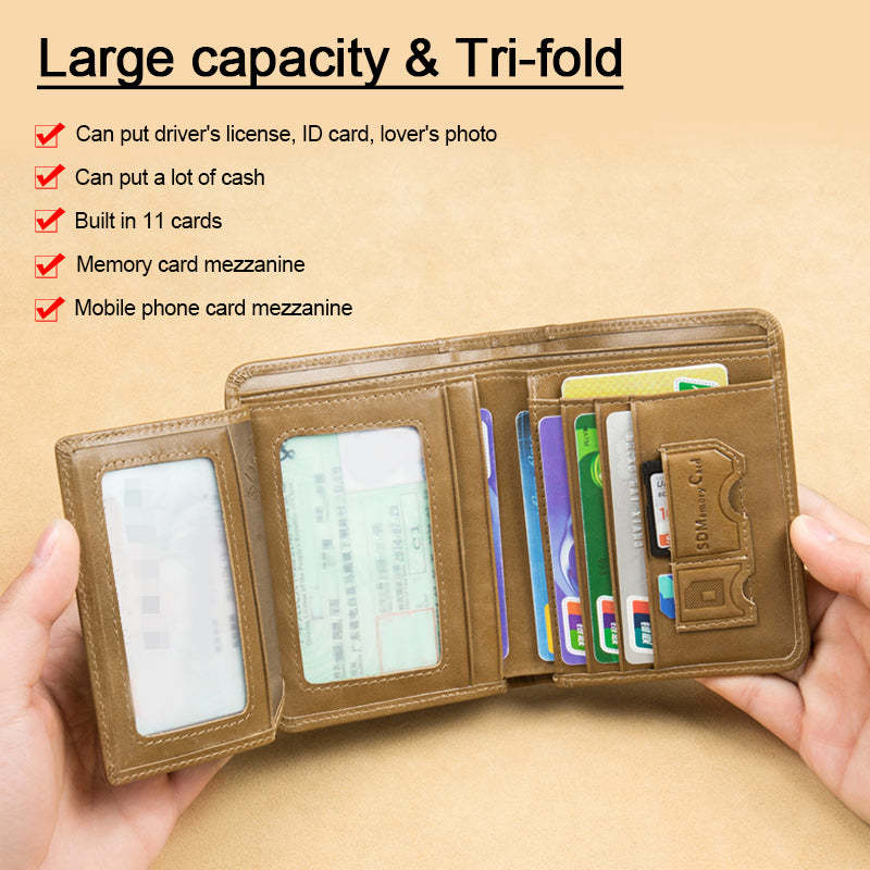 Genuine Leather Rfid Anti-Theft Short High-Capacity Men Wallet