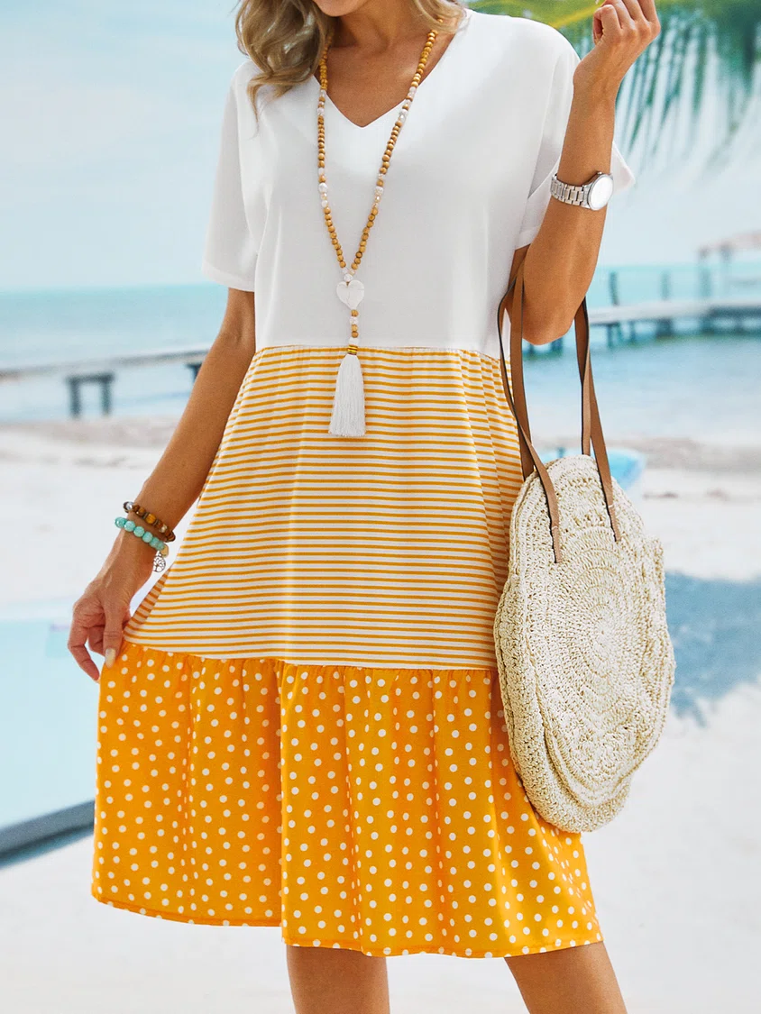 Neck Short Sleeve Cotton-Blend Midi Dress