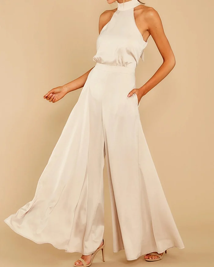 Solid color off-the-shoulder jumpsuit