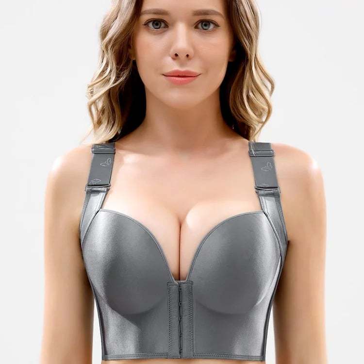 FRONT CLOSURE&amp;WIDE STRAPS LONGLINE WIRELESS GLOSSY CUP PUSH UP BRA
