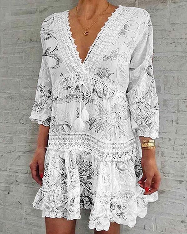 Casual V-neck Printed Mid-sleeve Hollow Sexy Dress
