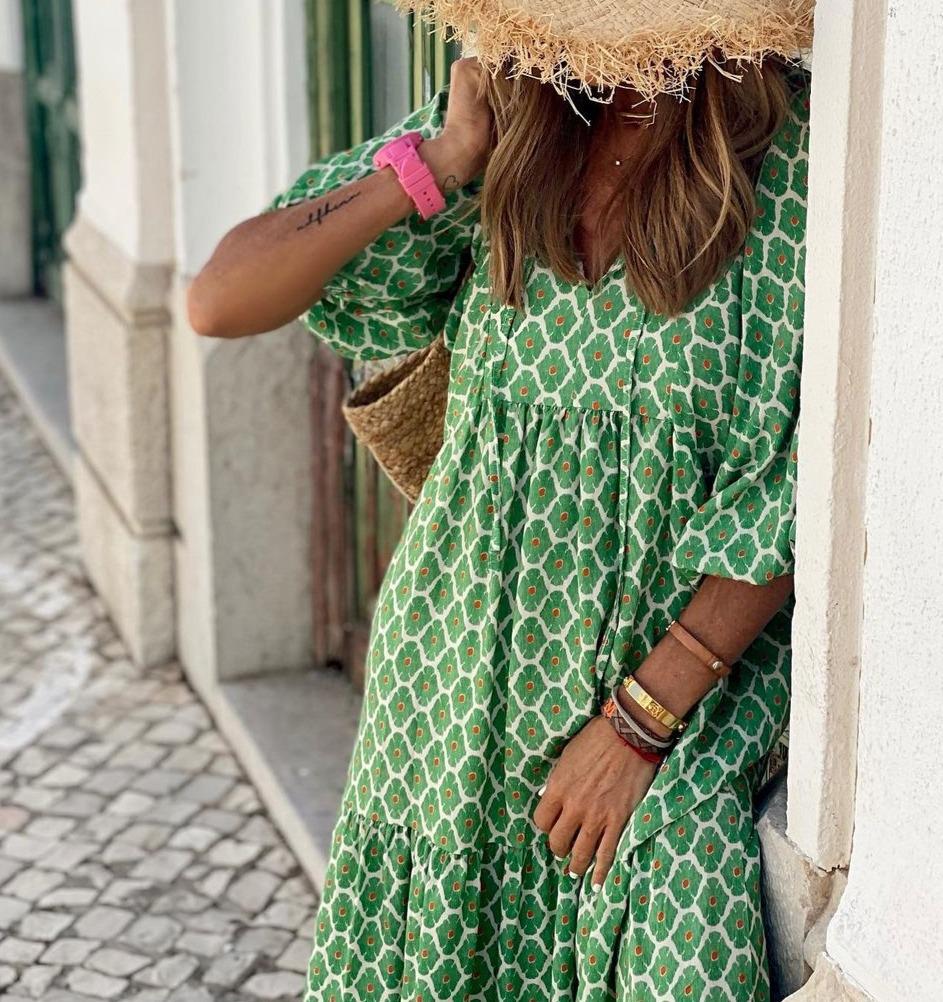 Green Diamond Red Dots Print Maxi Dress