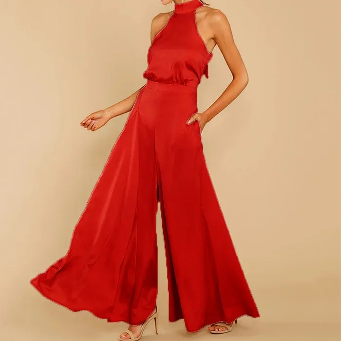 Solid color off-the-shoulder jumpsuit