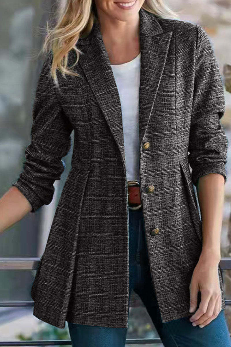 Fashion Street Plaid Patchwork Buckle Turn-back Collar Outerwear(3 Colors)