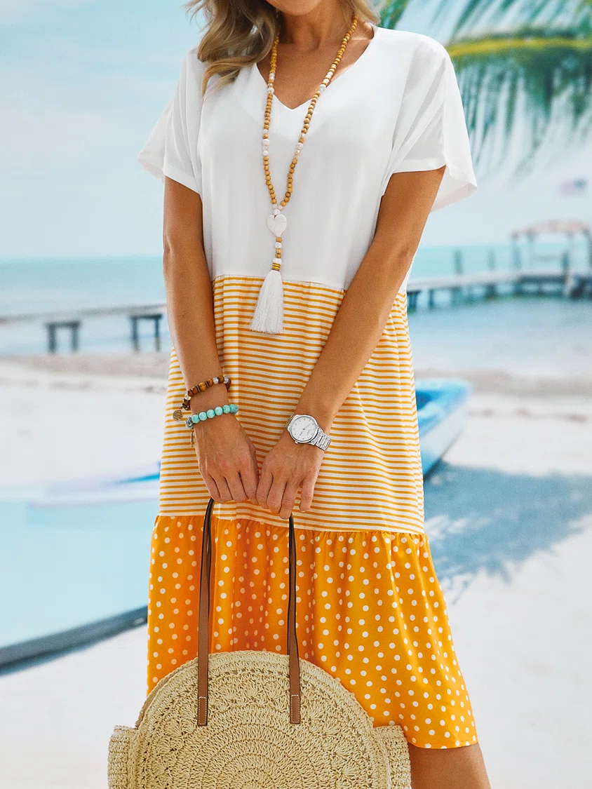 Neck Short Sleeve Cotton-Blend Midi Dress