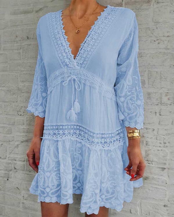 Casual V-neck Printed Mid-sleeve Hollow Sexy Dress