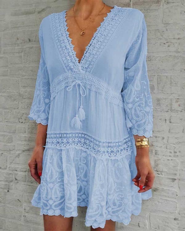 Casual V-neck Printed Mid-sleeve Hollow Sexy Dress