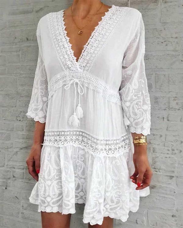 Casual V-neck Printed Mid-sleeve Hollow Sexy Dress