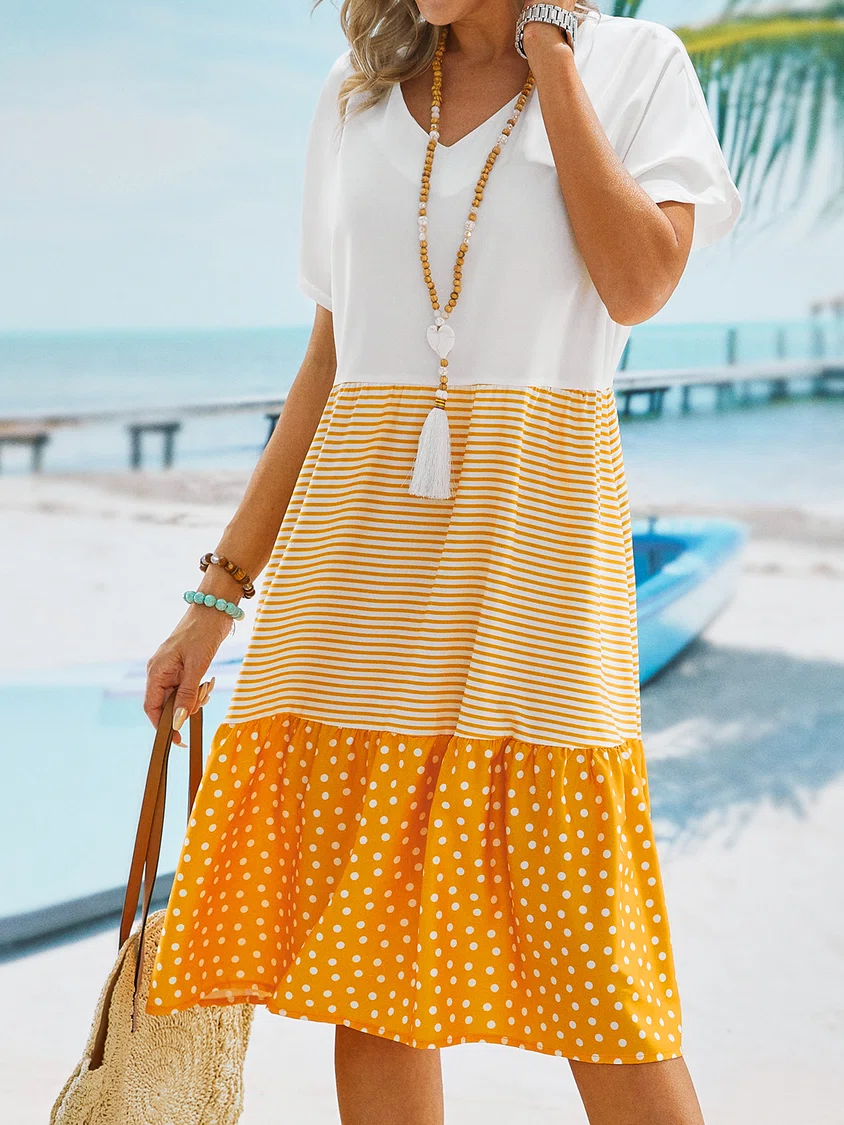 Neck Short Sleeve Cotton-Blend Midi Dress