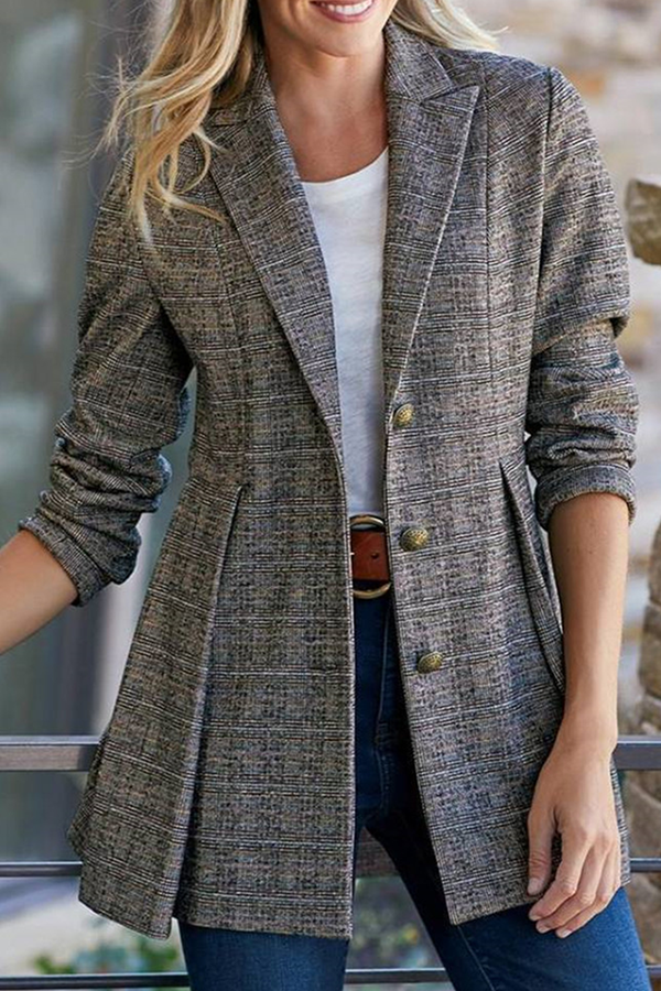 Fashion Street Plaid Patchwork Buckle Turn-back Collar Outerwear(3 Colors)