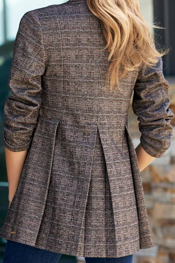 Fashion Street Plaid Patchwork Buckle Turn-back Collar Outerwear(3 Colors)