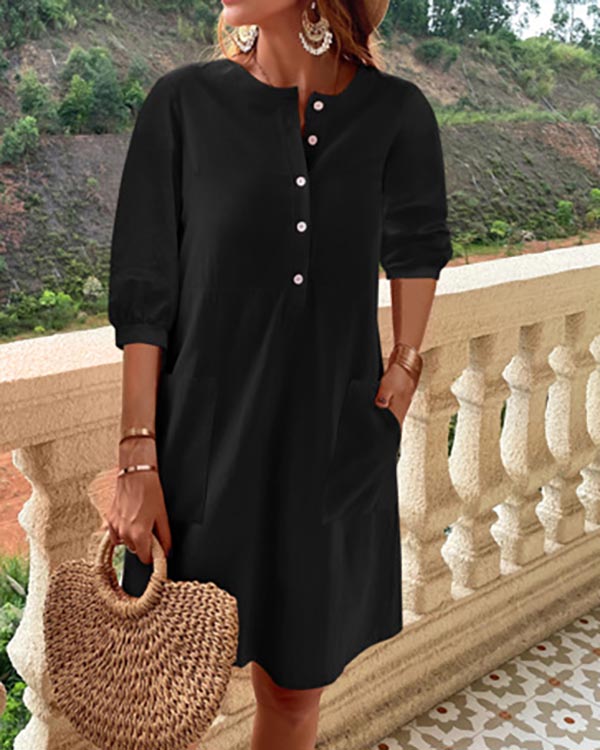 Cotton Balloon Sleeve Loose Pocket Dress