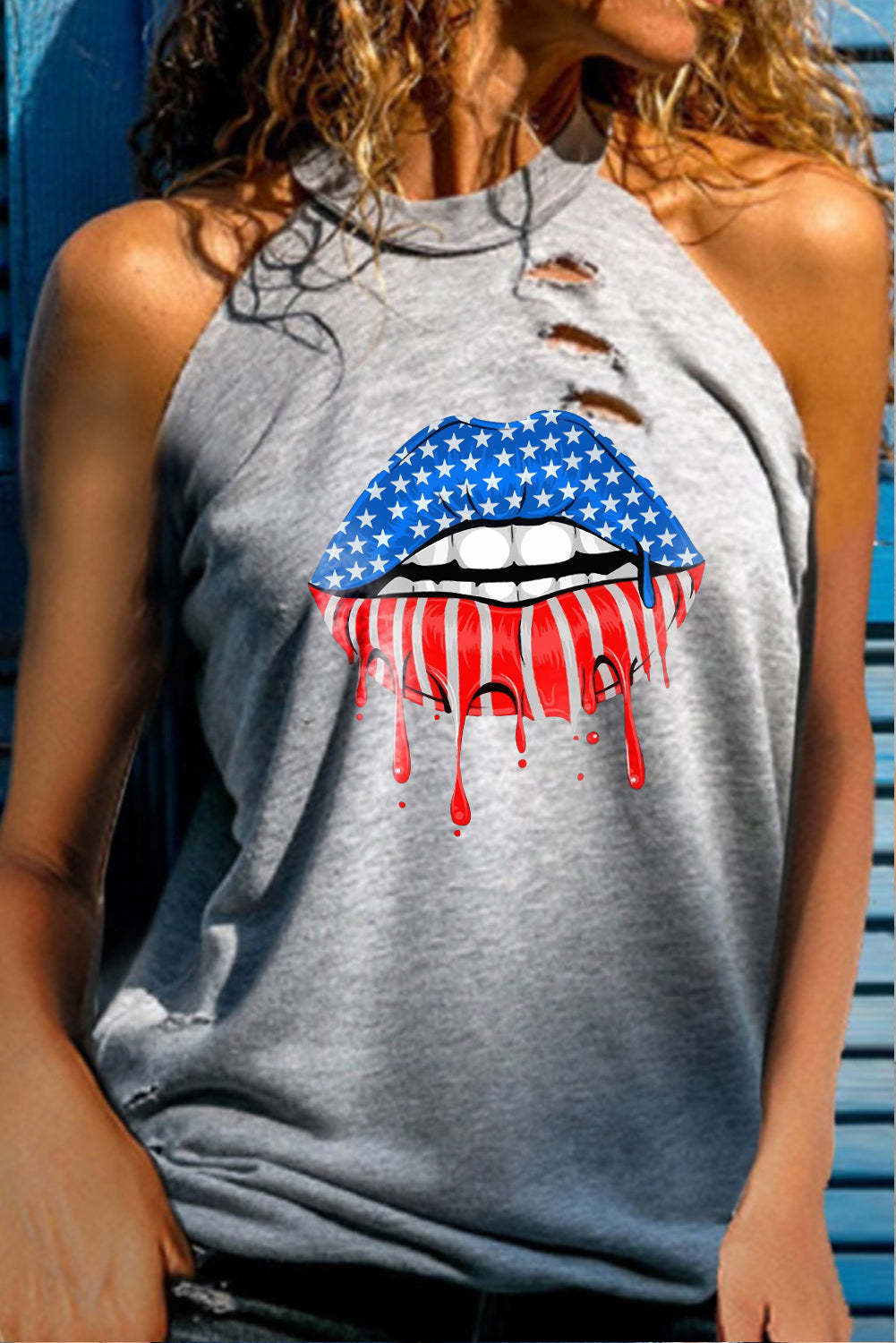 Gray Flag Lips Print Cutout Tank Top