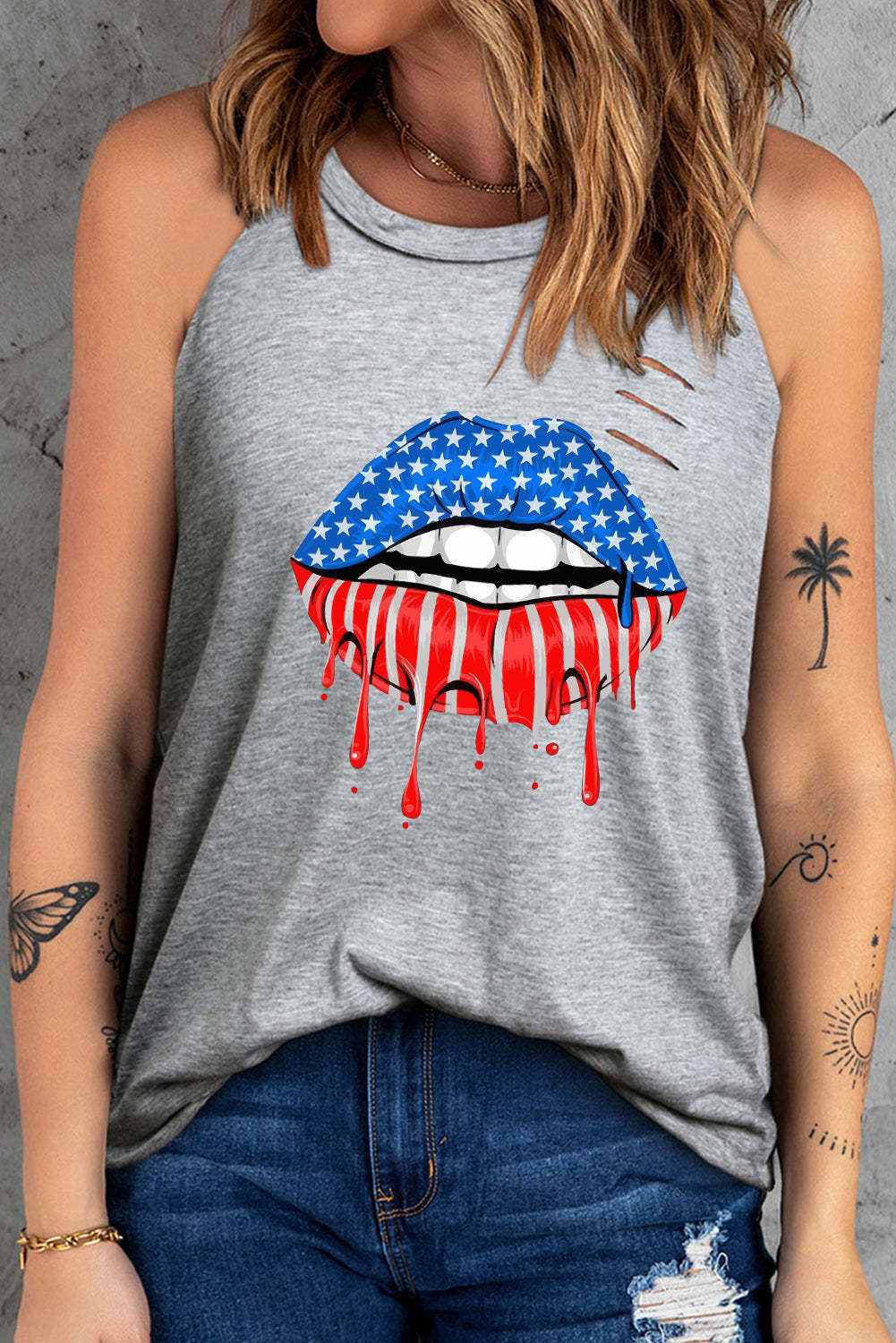 Gray Flag Lips Print Cutout Tank Top