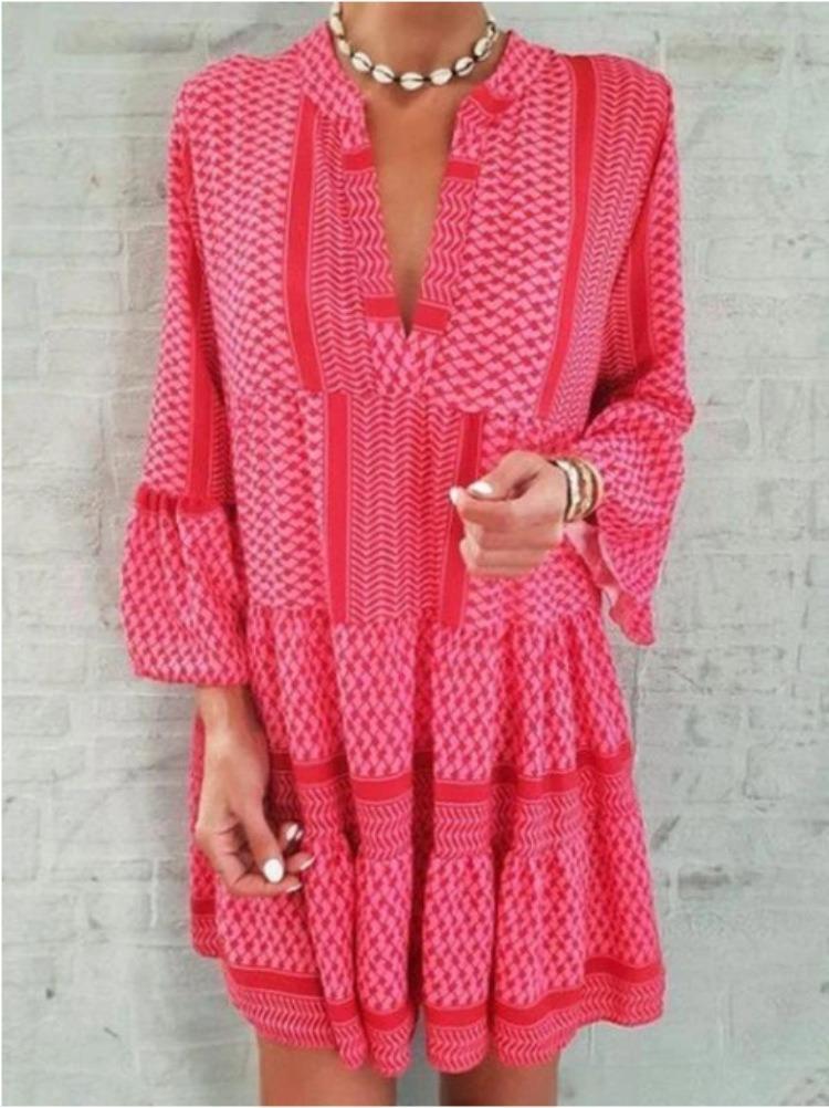 Pink V-neck Bell Sleeve Mini Dress