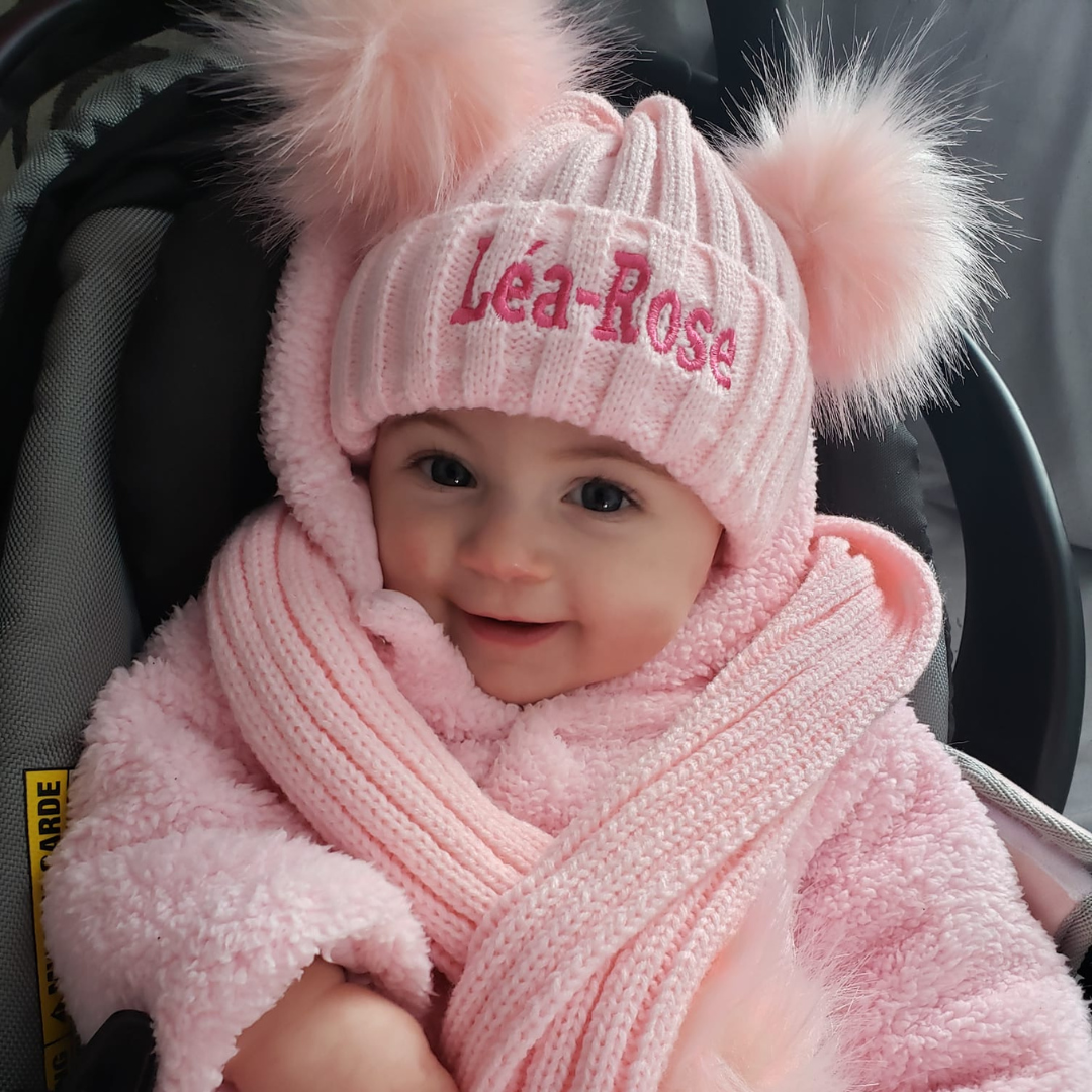 Personalized Embroidery Kid Pom Pom Hat and Scarf for Comfort & Unique | HSKid01