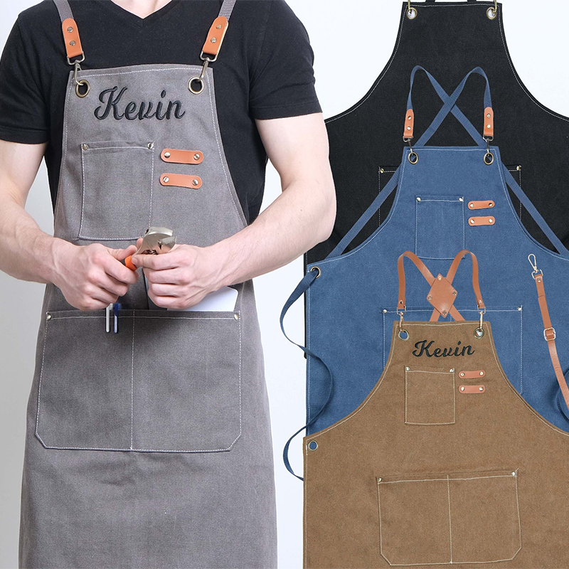 Personalized Embroidery Canvas Apron with Pockets for Unisex Adult | A