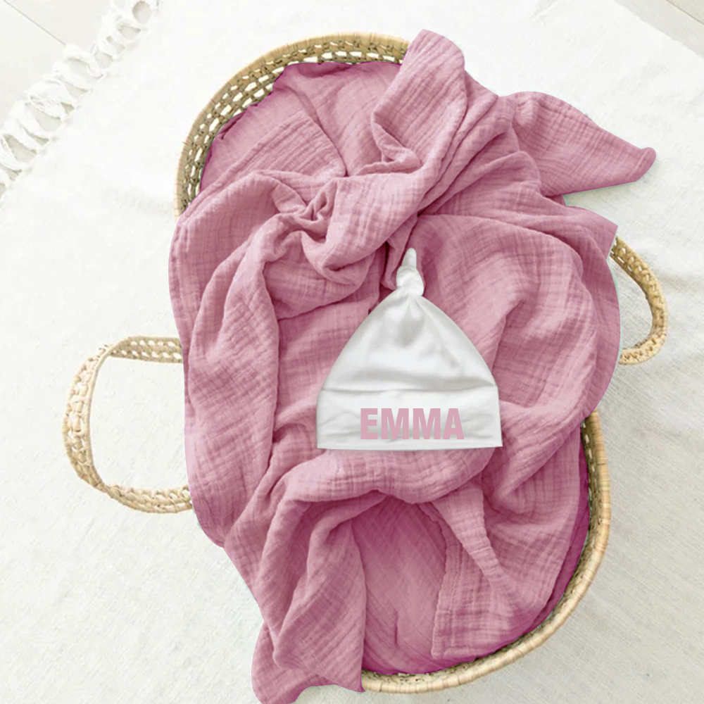 Personalized Baby Name Hat with Matching Classic Muslin Swaddle | CWBaby04