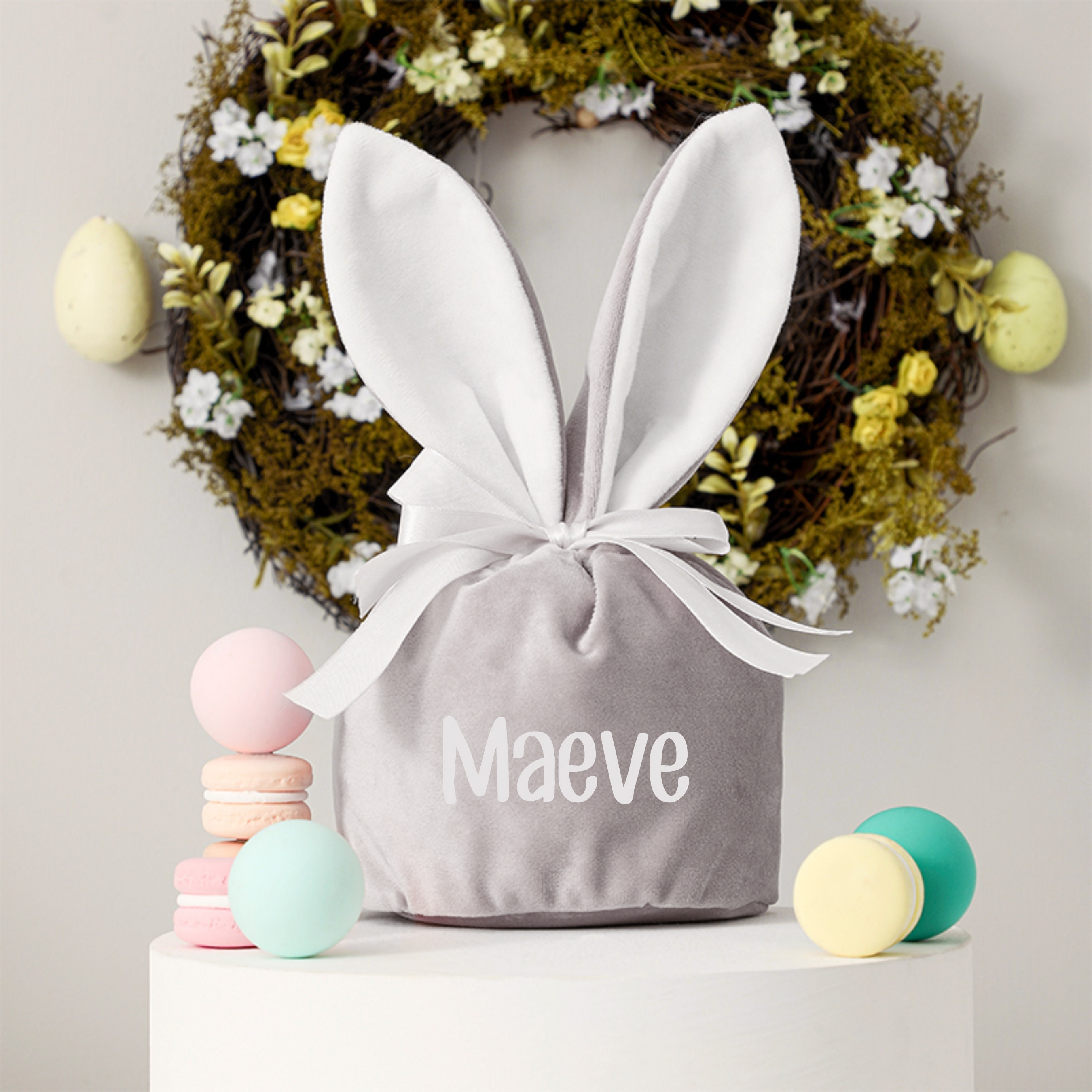 Personalized Name Easter Bunny Velvet Basket | CWEaster02