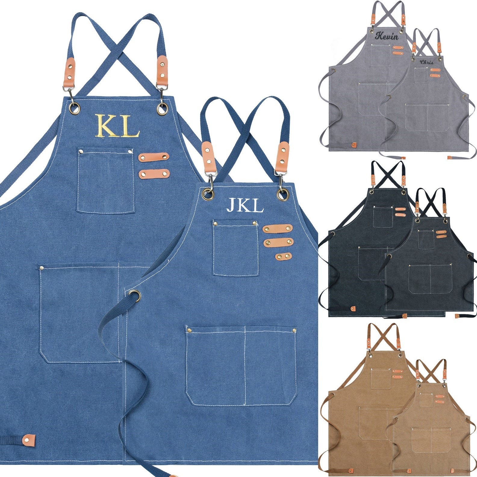 Personalized Embroidery Canvas Apron with Pockets for Unisex Adult | A
