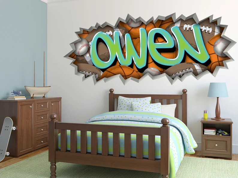 Sports Graffiti Name Wall Sticker 🏈Personalized Boys Room Decor