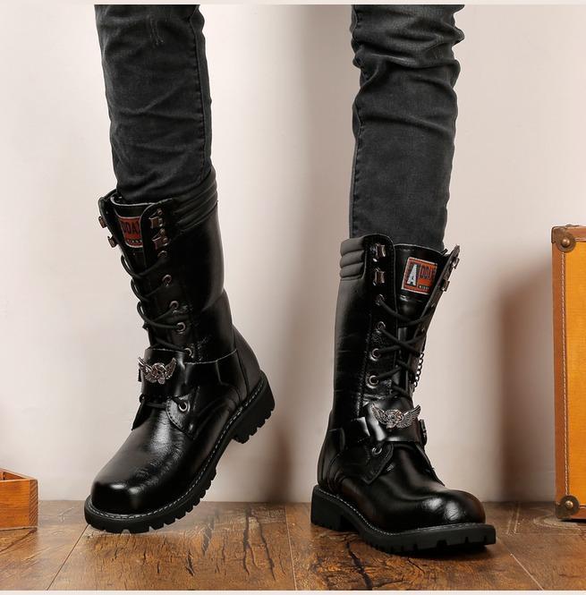 BLACKRISS™Men's Punk Laced Up Faux Leather Military Combat Boots-Blackriss