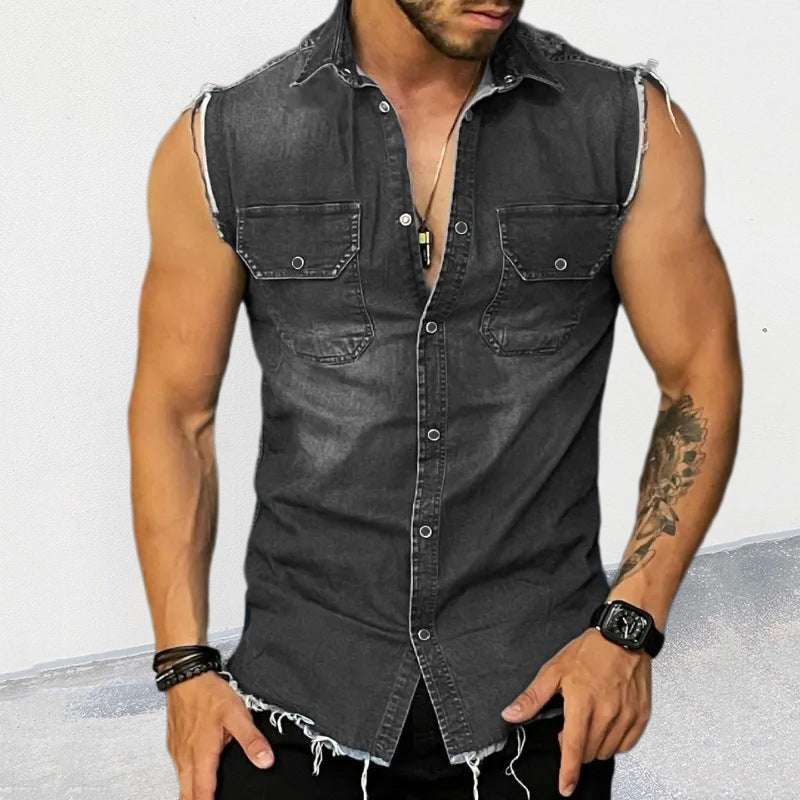BLACKRISS™Men's Vintage Lapel Sleeveless Denim Shirt -Blackriss