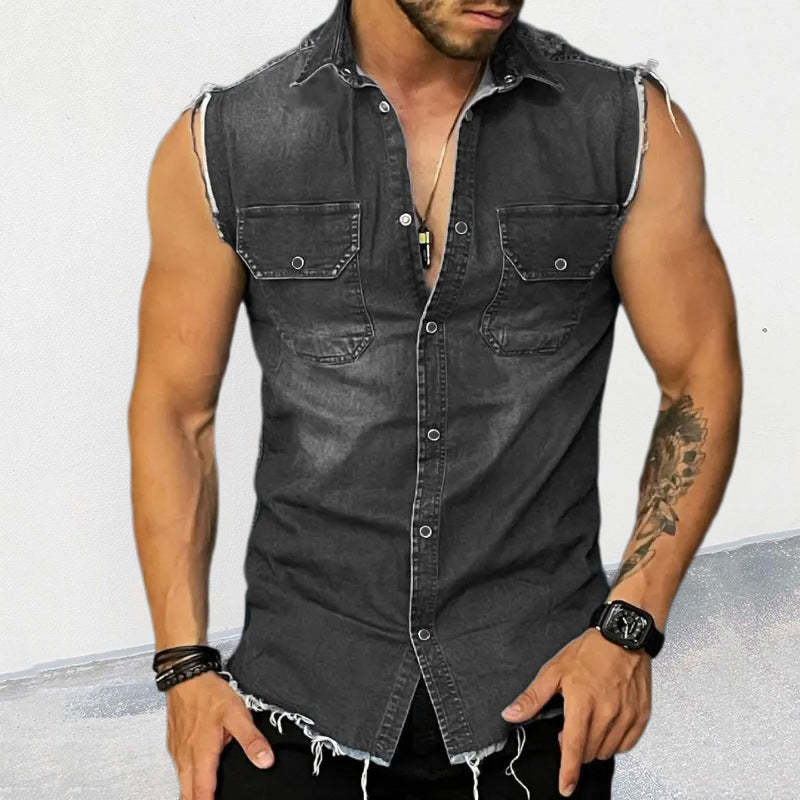 BLACKRISS™Men's Vintage Lapel Sleeveless Denim Shirt -Blackriss