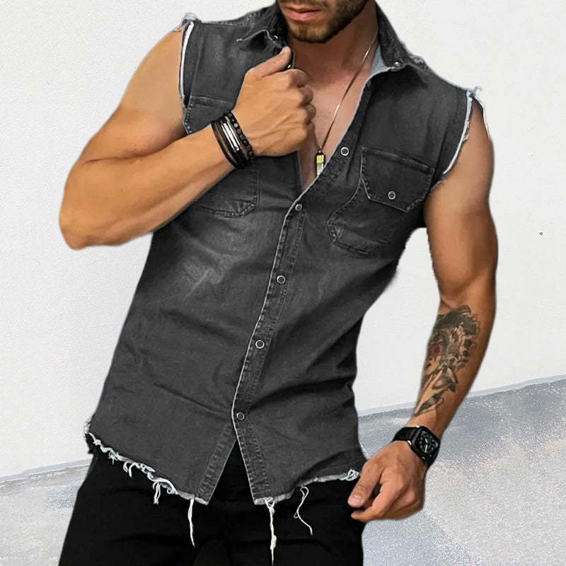 BLACKRISS™Men's Vintage Lapel Sleeveless Denim Shirt -Blackriss