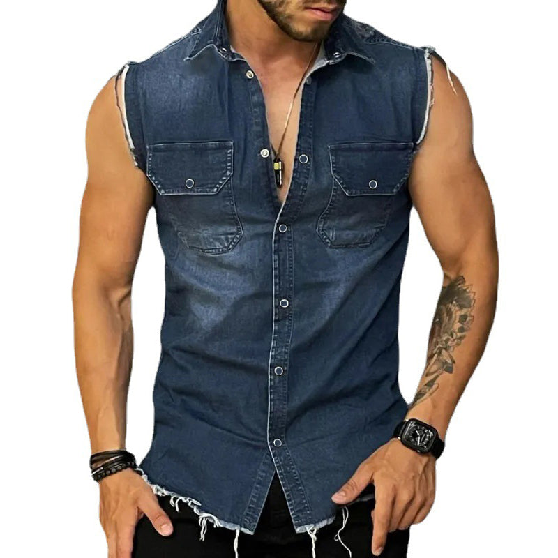 BLACKRISS™Men's Vintage Lapel Sleeveless Denim Shirt -Blackriss