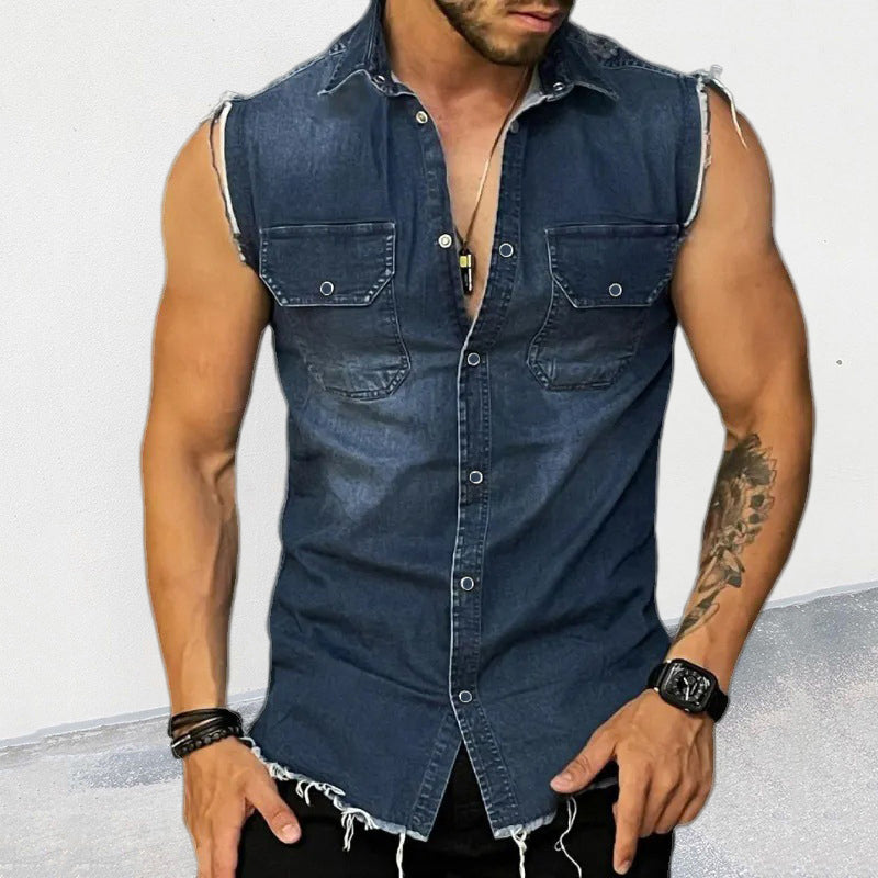 BLACKRISS™Men's Vintage Lapel Sleeveless Denim Shirt -Blackriss