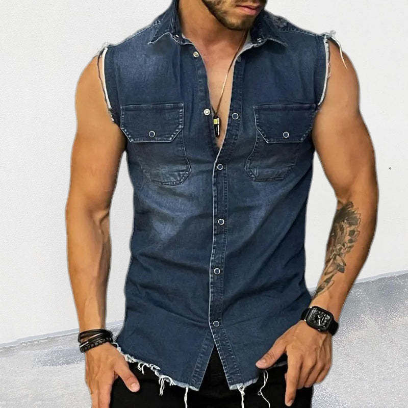 BLACKRISS™Men's Vintage Lapel Sleeveless Denim Shirt -Blackriss
