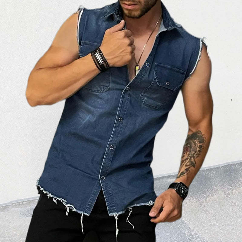 BLACKRISS™Men's Vintage Lapel Sleeveless Denim Shirt -Blackriss