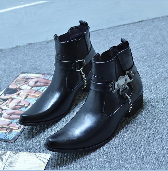 BLACKRISS™Men's Faux Leather Suede Pointed Toe Eagle Gusset Harness Ankle Boots-Blackriss