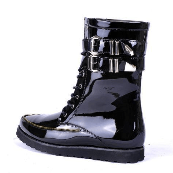 BLACKRISS™Men's Buckle Up Zipper Patent Leather Martin Boots White/Black-Blackriss