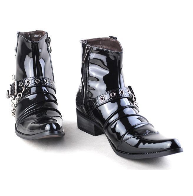 BLACKRISS™Men's Buckle Strap Chain Faux Leather Side Zipper Shoes Pointed Toe Boots-Blackriss