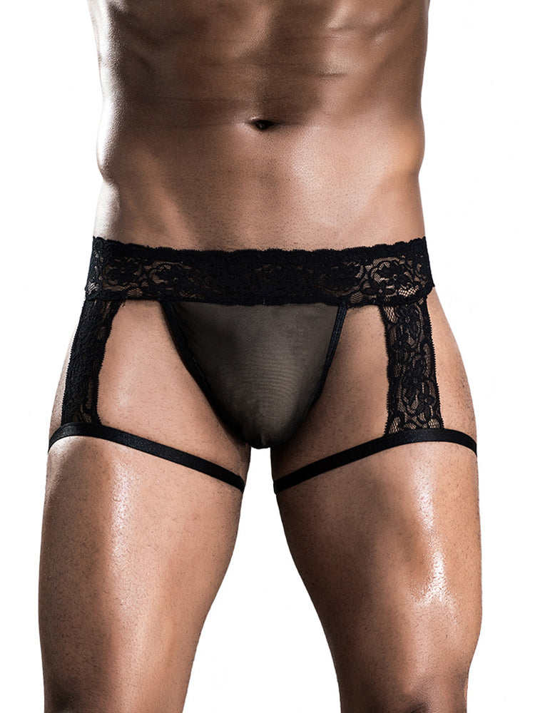 BLACKRISS™Men's Sexy See-through Erotic Briefs Lace Edge Black Shorts-Blackriss