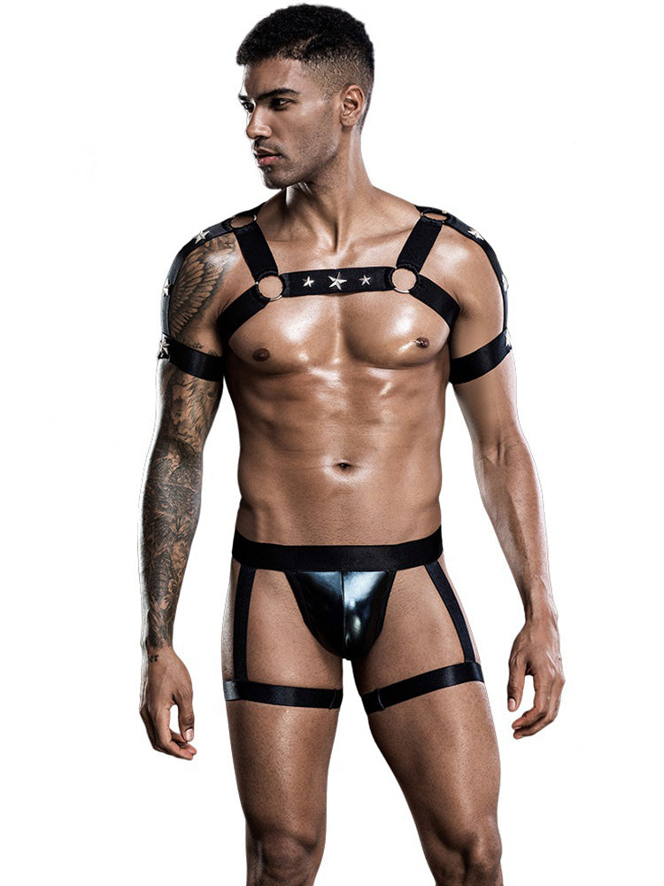 BLACKRISS™Star Chest Strap Thong Set - Black-Blackriss