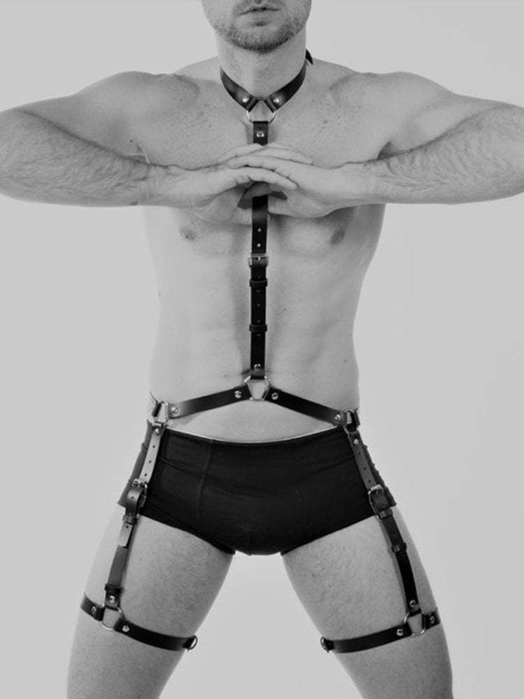 BLACKRISS™Men's Leather Sexy Hollow Bundle Bondage Strap Belt - Black-Blackriss