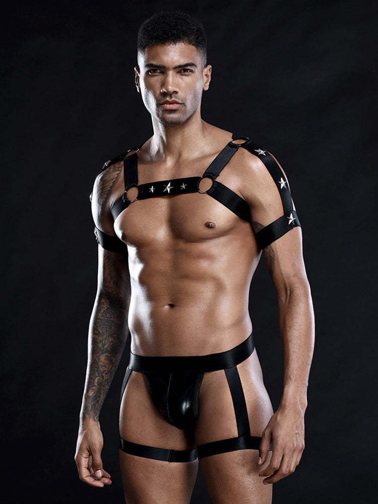 BLACKRISS™Star Chest Strap Thong Set - Black-Blackriss